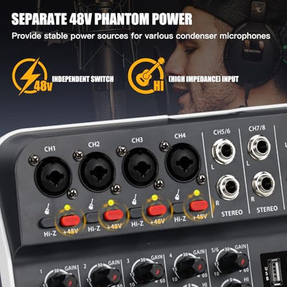 Audio Mixer, TKLBLS Studio Audio Sound Mixer Board, 6 Channel Unpowered Recording Mixers w/USB Audio Interface, DJ Mixer with 48V Phantom Power for KTV, Live Shows, Streaming, Conferences