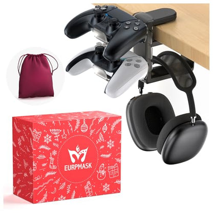 EURPMASK 3-in-1 Rotating Headphone Stand w/2 Detachable Controller Holders | Adjustable Clamp-on Headset Holder Hanger,Swivel,Gaming Headset Hanger,Cable Organizer,Father's Day Birthday Christmas Gift - color: Gaming Combo Black