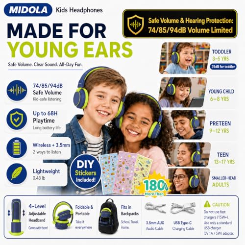 Kids Bluetooth Headphones Wireless 68 Hours,Safe Volume Limit 85/94dB | Adjustable Headband Foldable Over-Ear Lightweight Headsets for Toddler Girls Boys Tablet/iPad,HD Stereo,Built-in Mic,Green - color: DeepBlueSky