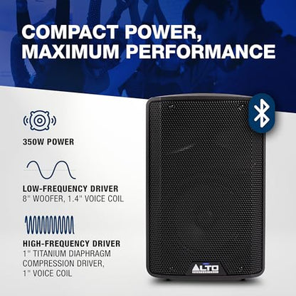 Alto TX408 350W 8" Powered PA Speaker | TWS Bluetooth, 2-Channel Mixer, and Monitor Mode for Bands, DJs, Rehearsals, and Venues - size: 8" PA Speaker