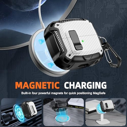 Safety Lock Case for Samsung Galaxy Buds3 FE/Pro/3 (White) | Compatible with MagSafe, Carbon fibre texture Design,with Phone Stand& Cleaning kit,Keychain, - color: A-b-white