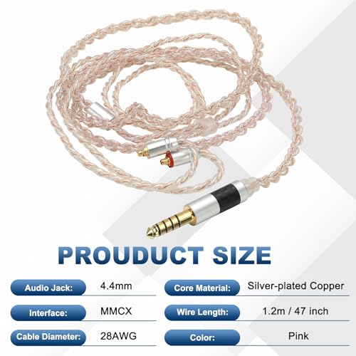 PATIKIL IEM Earphone Cable 1.2M Long 28AWG Silver-Plated Pink (4.4mm MMCX) - color: Light Pink, size: 4.4mm
