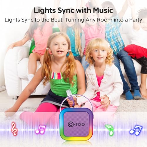 Contixo KS1 Mini Karaoke Machine for Kids, Portable Bluetooth Speaker with 2 Wireless Microphones & Dynamic Lights for Boys & Girls, Home Party Entertainment Toy (Purple) - color: Purple