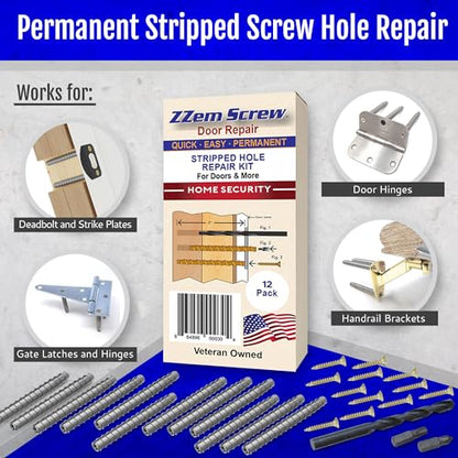 12-Pack #9 x 3 Permanent Stripped Door Hinge Screw Hole Repair Kit | Steel anchors. Reinforces hinges, strike plates and door jambs. Made in USA - size: 12 Pack