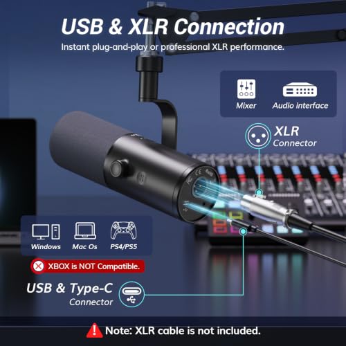 TONOR Dynamic Podcast Microphone for Content Creators, Cardioid XLR/USB Mic, AI Noise Cancellation, Tap Mute, 3.5mm Jack for Monitoring, Volume Control, Microfono with Boom Arm, Black, TD510 AIR H+