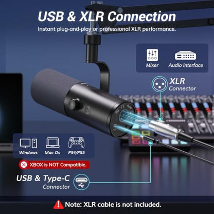 TONOR Dynamic Podcast Microphone for Content Creators, Cardioid XLR/USB Mic, AI Noise Cancellation, Tap Mute, 3.5mm Jack for Monitoring, Volume Control, Microfono with Boom Arm, Black, TD510 AIR H+
