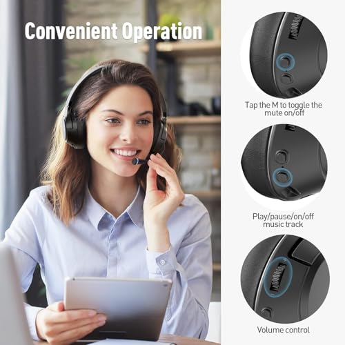 H300 Wireless Headphones with Microphone,Over Ear Bluetooth Headsets, Black | USB Dongle,One-Tap Mute, Environmental Noise Cancelling Retractable Mic for Work Office Call Center Laptop Computer