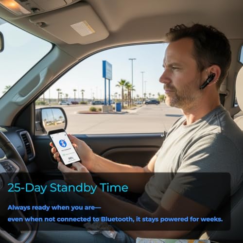 Trucker Bluetooth Headset Wireless, 38H Talk Time Bluetooth 6.0 Headphones with Dual Mic Noise Cancelling, Lightweight Hands-Free Earpiece for Truck Taxi Delivery Drivers, Long Battery Life Headset