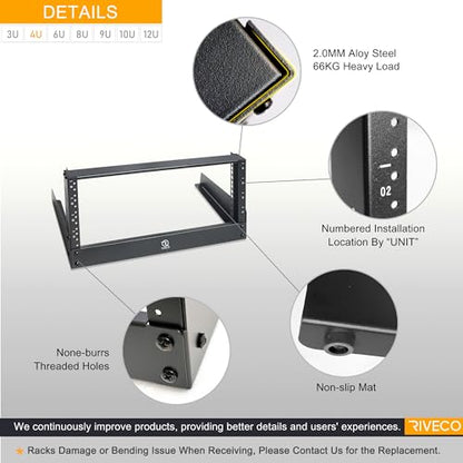RIVECO 4u Tabletop Rack for Audio & Network, Desktop Rack Shelf Open Frame Sound Recording Shelf Tappered Holes Black 2 Post