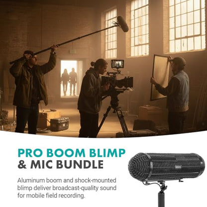Movo Boom Mic Kit for Filmmaking – Supercardioid Shotgun Microphone, 9.8ft Boom Pole, Blimp Windscreen & Deadcat – Complete Location Sound Bundle