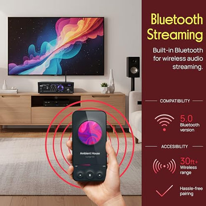 PyleUsa Bluetooth Computer Speaker Amplifier - 2x120 Watt Home Stereo Power Amplifier Home Audio Receiver System W/Blue Led Display, USB/SD, AUX, RCA, Headphone Jack - Remote - PCAU46BA.6
