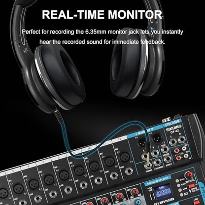 12 Channel Audio Interfacer Sound Board Mixer DJ Mixer 16-Bit DSP Effect USB Audio Mixer +48V Phantom Power Bluetooth Mixer for Karaoke Studio Streaming Recording,Live Streaming
