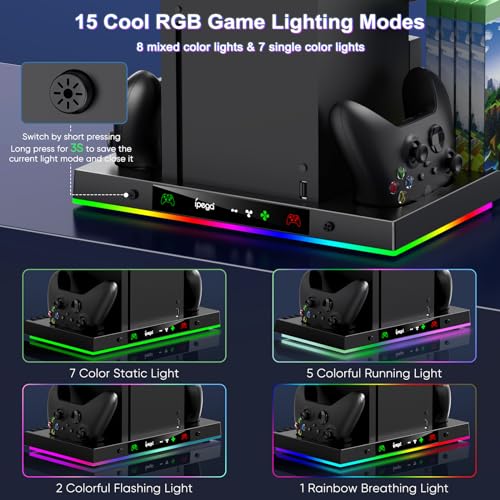 LED Cooling Stand & Charging Station for Xbox Series X Console | Cooling Fan Station for Xbox Series X Accessories with 2X 1400mAh Rechargeable Controller Battery Pack, 15 Light Modes - color: Carbon Black