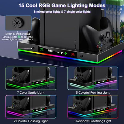 LED Cooling Stand & Charging Station for Xbox Series X Console | Cooling Fan Station for Xbox Series X Accessories with 2X 1400mAh Rechargeable Controller Battery Pack, 15 Light Modes - color: Carbon Black