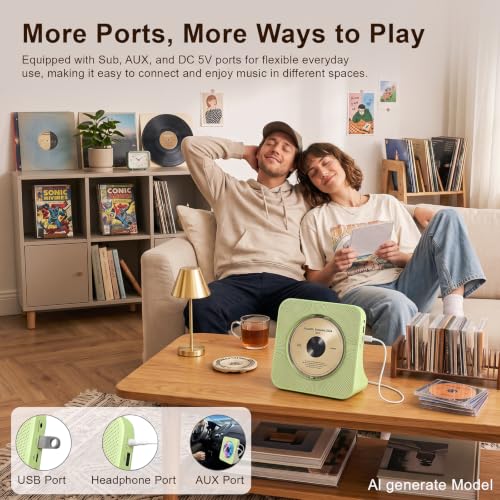 Gueray Portable CD Player with Bluetooth, CD Player with Speaker for Home | Plug-in desktop use,2-way Bluetooth mode, 3W speakers, FM radio, sleep timer, A-B repeat,USB/AUX - color: Green