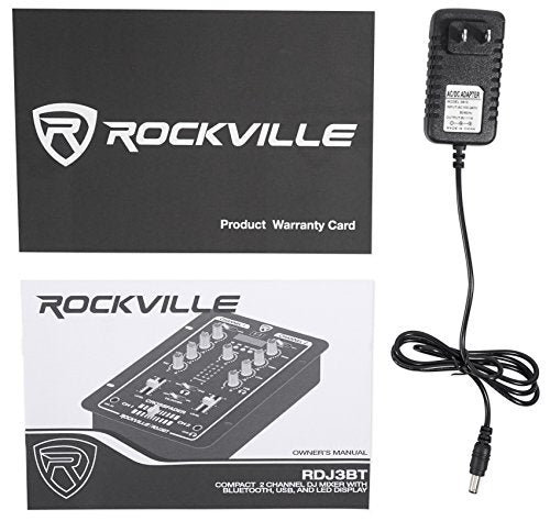 Rockville RDJ3BT 2 Channel DJ Mixer with USB, Bluetooth, Talkover, 4 Line Inputs | 4 RCA Line Inputs, USB MP3 Player, 1/4" Mic/Headphone Jacks, Cue Monitor, 3-Band EQ, Crossfader, Master/Rec Outputs - style: with bluetooth