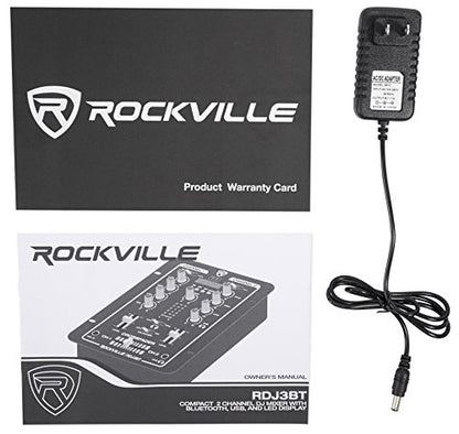 Rockville RDJ3BT 2 Channel DJ Mixer with USB, Bluetooth, Talkover, 4 Line Inputs | 4 RCA Line Inputs, USB MP3 Player, 1/4" Mic/Headphone Jacks, Cue Monitor, 3-Band EQ, Crossfader, Master/Rec Outputs - style: with bluetooth