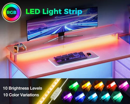 AODK Gaming Desk w/PC Showcase Stand, 59" Reversible, RGB LED - color: Pink, size: 59 Inches