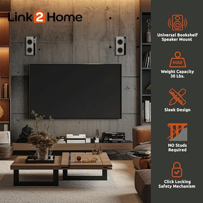 Link2Home Commercial Electric Series Bookshelf Speaker Wall Mounts, No Stud Required, 30 lbs. Weight Capacity, Black Aluminum, Set of 2 Mounts