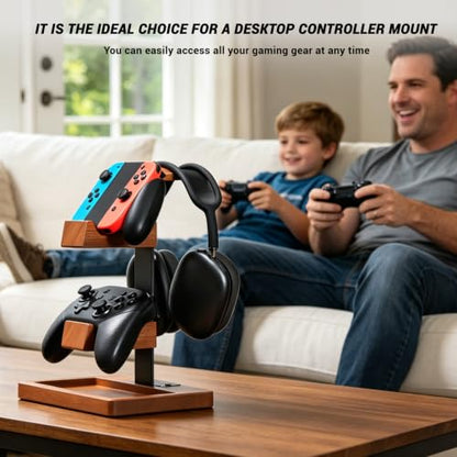 Solid Wood Dual Controller Holder & Headphone Stand | Gaming Equipment Desk Organizer, Game Controller Holder Headset Rack, Gift for Gamers Husband Boyfriend