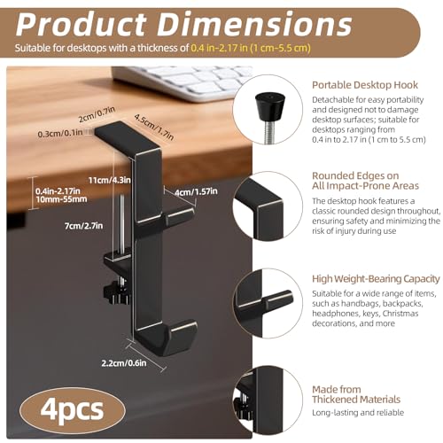 Desk Mount Bag Holder Hook Clamp, Bag Hook 4 Pcs-Double Hook Black | Portable Purse Hook for Table, Reduce Desk Clutter, Desk Mount Headphones Holder, Backpack Hanger, Table Hanging Storage - color: 4 Pcs-Double Hook Black
