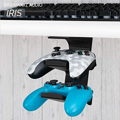 The IRIS - Under Desk Dual Universal Game Controller Mount Holder Hanger for XBOX ONE, SERIES X, PS5, PS4, PS3, SWITCH, STEELSERIES Gamepad & More, No Screws by Brainwavz - color: IRIS - Dual Controller Mount