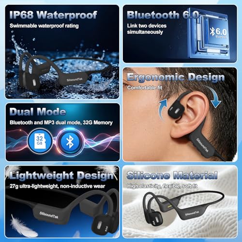 Liquid Silicone Swimming Headphones,IP68 Waterproof Underwater Bone Conduction Headphones,Bluetooth 6.0 &MP3 with 32GB Memory Card,Open Ear Bone Earphones for Running,Fitness and Cycling (Gray)