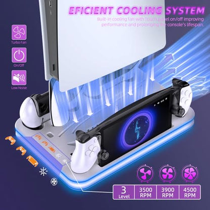 PS5 Pro/Slim/PS5 Stand and Cooling Station with RGB Lighting,Charging Station for PlayStation Portal & P5 Controller, PS Portal Charger,Headset and Remote Holders(White) - color: White