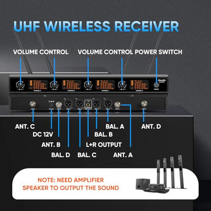 Wireless Microphone System, 4 Channels UHF Metal Cordless Handheld Wireless Mics Set - Adjustable Frequencies, Auto Scan, 165ft Range for Karaoke Singing Meeting Church Wedding (BLM404) - size: BLM404