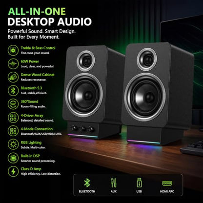 60W HiFi Bluetooth Bookshelf Speakers, MDF Wooden Computer Speakers with HDMI ARC for TV, 2.0 Active Desktop Speakers with USB DAC, Silk Dome Tweeter & 3.5" Woofer. - color: Black