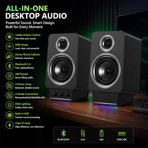 HiFi Bluetooth Bookshelf Speakers, MDF Wooden with HDMI ARC | PC computer speakers with USB DAC, silk dome tweeter, 3.5" woofer, DSP, AUX, treble/bass adjustment, and RGB lights - color: Black-1