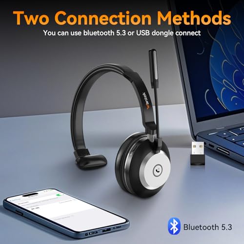 Wantek Bluetooth Headset with USB Dongle for Computer, Single-Ear Wireless Headset with Noise Cancelling Microphone for Office & Truckers, Bluetooth V5.3 with Mute Button for Work