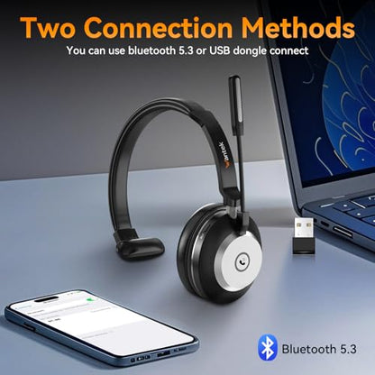 Wantek Bluetooth Headset with USB Dongle for Computer, Single-Ear Wireless Headset with Noise Cancelling Microphone for Office & Truckers, Bluetooth V5.3 with Mute Button for Work