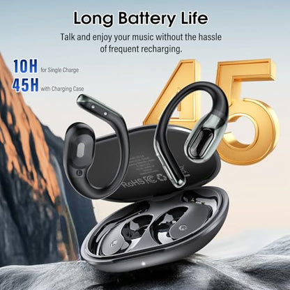 Open Ear Headphones Bluetooth 6.0 Immersive Stereo, 2026 Wireless Sports Earbuds with Wide Area Tap, 45Hrs Lightweight Comfort Ear Buds with ENC Mic, IPX7 Waterproof Earphones for Gym/Running/Office - color: Black