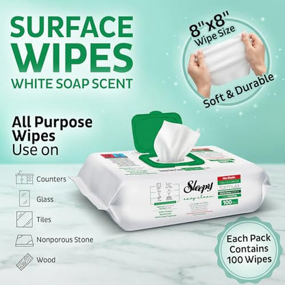Sleepy Easy Clean XL Multi Surface Cleaning Wipes (100 Count) – Natural Vinegar & Baking Soda Formula – Jumbo 8"x8" All Purpose Wet Wipes for Kitchen, Bathroom, Glass & Electronics – No Streak - size: 1 Count (Pack of 100)