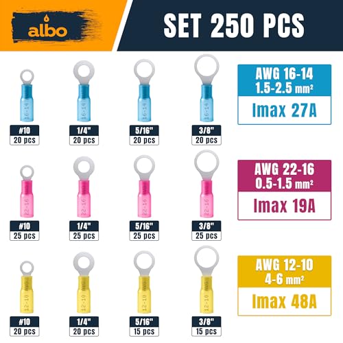 ALBO 250PCS Heat Shrink Ring Terminal Kit – Wire Terminal Connectors Assortment for 22-10 AWG, Waterproof Electrical Connectors Set – Tinned Copper Electrical Ring Terminals | Closed-Ring Design Helps Prevent Pull-Off, Loose Wiring and Connection Failure