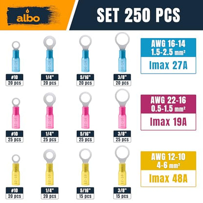 ALBO 250PCS Heat Shrink Ring Terminal Kit – Wire Terminal Connectors Assortment for 22-10 AWG, Waterproof Electrical Connectors Set – Tinned Copper Electrical Ring Terminals | Closed-Ring Design Helps Prevent Pull-Off, Loose Wiring and Connection Failure
