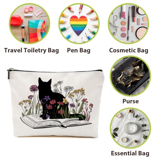 Cat Gifts for Women Cosmetic Bag Book Lovers Gifts Cat Makeup Bag | Gifts for Women Cat Owner, Cat Mom Gifts Floral Cosmetic Bag, Book Gifts Toiletry Bag Christmas Thanksgiving Birthday Gifts - color: Book Flower Cat