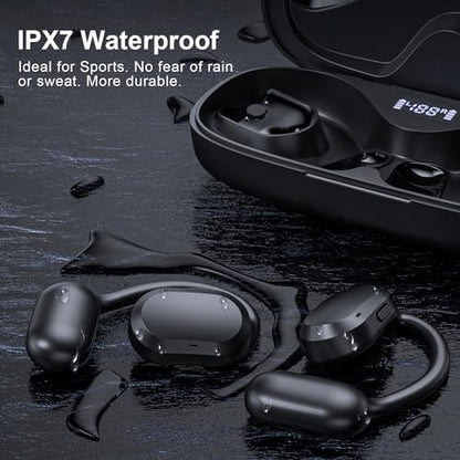 Open Ear Headphones, Open Ear Earbuds, IPX7 Waterproof, Bluetooth 5.3 True Wireless Sports Over Ear Earbuds with Earhooks, Built-in Mic, Crystal-Clear Calls for Running Workout Cycling Driving