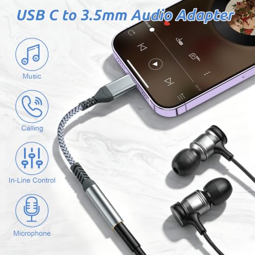 USB C to 3.5mm Audio Headphone Adapte(2 Pack), USB C To Aux Adapter Type C Hi-Fi Usb C To Headphone Jack Adapter For iphone 17 Pro Max/17 Pro, 16/15 Pro Max, 16/15 Pro, Galaxy S24/S23/S22 Ultra