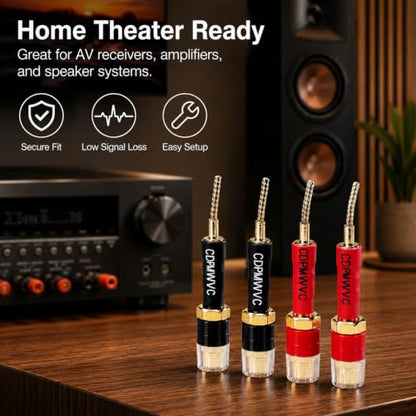 Banana Plug to 4mm Female Adapter 4-Pack, 30A Gold-Plated Spring-Loaded Flex Pin, Color-Coded Red/Black, 6-24AWG for Yamaha Sony Denon Amplifier Receiver Home Theater Speaker Binding Post Wall Plate