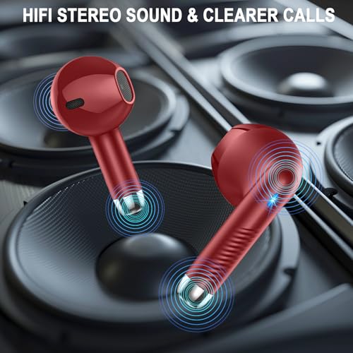 Jxrev Wireless Earbuds, Bluetooth Headphone 5.4, LED Power Display Ear Buds | Bass Stereo, Bluetooth Earbuds, in-Ear Noise Cancelling Mic, Playback Mini Case, IP7 Waterproof Sport Earphones, Android iOS - color: peach Wine red