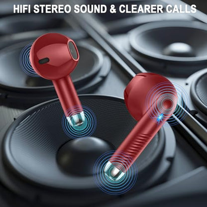 Jxrev Wireless Earbuds, Bluetooth Headphone 5.4, LED Power Display Ear Buds | Bass Stereo, Bluetooth Earbuds, in-Ear Noise Cancelling Mic, Playback Mini Case, IP7 Waterproof Sport Earphones, Android iOS - color: peach Wine red