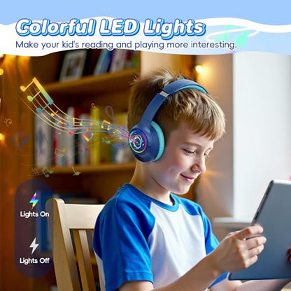 Kids Bluetooth Headphones with 85H Playtime for Toddler Boy, Navy with LED - color: Navy Blue