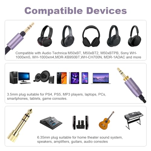 Replacement ATH-M50xBT Audio Cable Compatible with Audio Technica ATH-M50xBT2, ATH-SR50BT, ATH-ANC9, ATH-ANC7B, ATH-SR5BTBK, for Sony WH-1000XM5, MDR-950BT, 3.5mm Aux Cord with 6.35mm Adapter
