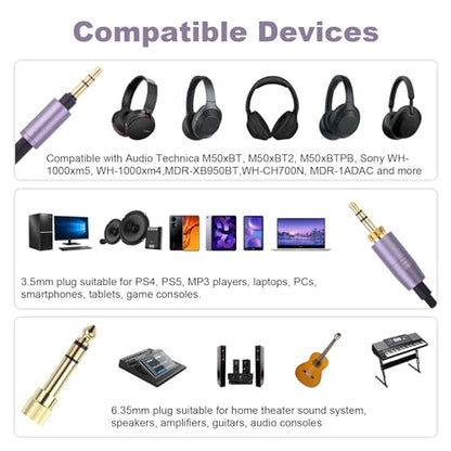 Replacement ATH-M50xBT Audio Cable Compatible with Audio Technica ATH-M50xBT2, ATH-SR50BT, ATH-ANC9, ATH-ANC7B, ATH-SR5BTBK, for Sony WH-1000XM5, MDR-950BT, 3.5mm Aux Cord with 6.35mm Adapter