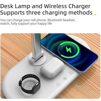 IHAO 3in1 Wireless Charging Eye-Care Desk Lamp 15W Fast Charging Station for Phone, Smartwatch & Earbuds, Touch Control Dimmable LED Light Adjustable Gooseneck, Modern Office Table Lamp-HYT2096 White - color: Table Lamp 3in1 wireless charger HYT2096 White