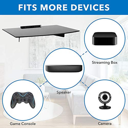 Mount-It! Floating Wall Shelf – Tempered Glass Media Shelf for Cable Box, DVD Player, Gaming Consoles (PS5, Xbox, Roku), Projector – Wall-Mounted w/Steel Frame, Cable Management, 22 lb Capacity