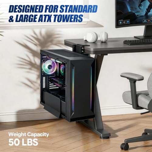 Adjustable Under Desk PC Mount, Heavy Duty No Drilling Clamp Mount on Desk Fits Most PC Tower 14.5”-22.4” (H) , Thickened & Ultra Strong CPU Holder for Standing Desk & Home Office, Black - color: Black