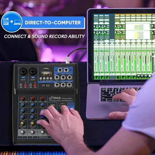 Pyle 4 Channel Audio Mixer with Bluetooth - DJ Sound Board Controller - USB Computer Input - Built-in MP3 Player - 48V Phantom Power - 3 Band EQ - 16-Bit DSP FX - Band, Studio Ready - PMXU43BT